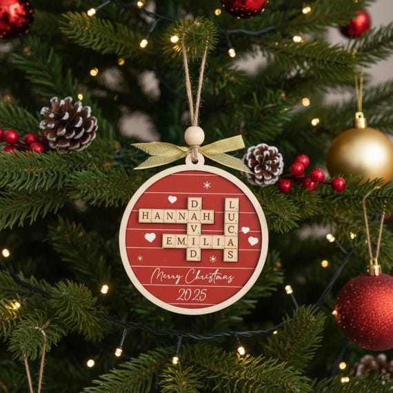 Personalisierte Scrabble Weihnachtsdekoration  Kreuzwortrtsel Ornament  Mit Familienname, Kristall Rund