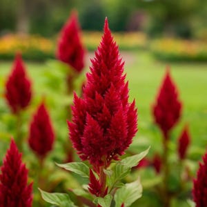 May include: Close-up of vibrant red Celosia flowers in a garden setting. The flowers have a unique, textured appearance and are surrounded by green foliage. The image is in focus, highlighting the intricate details of the blooms.