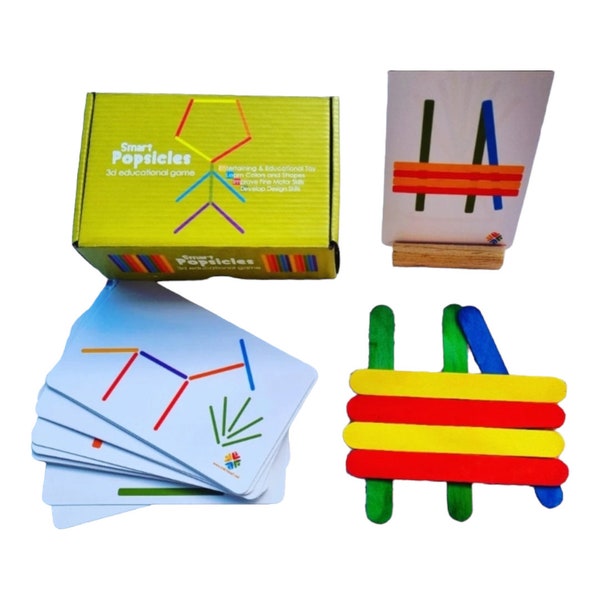 Montessori Spielzeug / Smart Popsicles / Holzstäbchen mit 20 doppelseitige Karten  / Formen, Muster, Farben lernen, Vorschulkinder