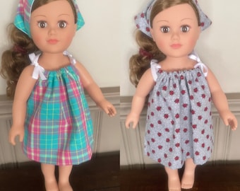 Doll Clothes / 2 Piece Dress Outfit / 18 Inch Doll Fashion / Doll Bandana / Summer Doll Outfit