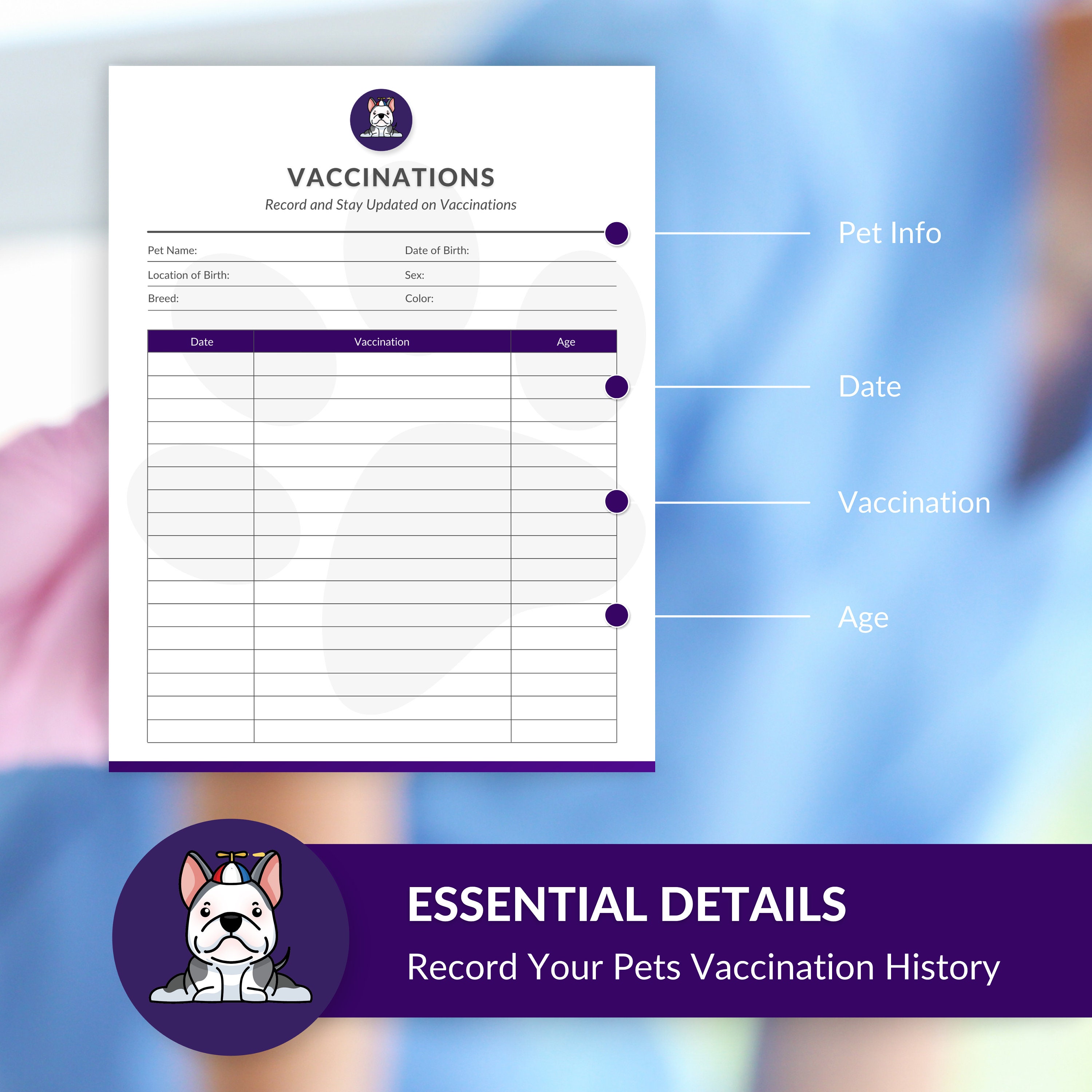 Printable Pet Vaccination Record Dog Vaccination, Cat Vaccination Pet ...