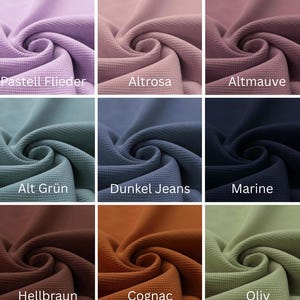 May include: A fabric swatch display featuring various colors, including beige, taupe, and camel. Other colors include lavender, rose, and mauve. Additional swatches showcase teal, denim blue, and navy. The bottom row presents brown, orange, and olive green. The last row shows gray, black, and dark green.