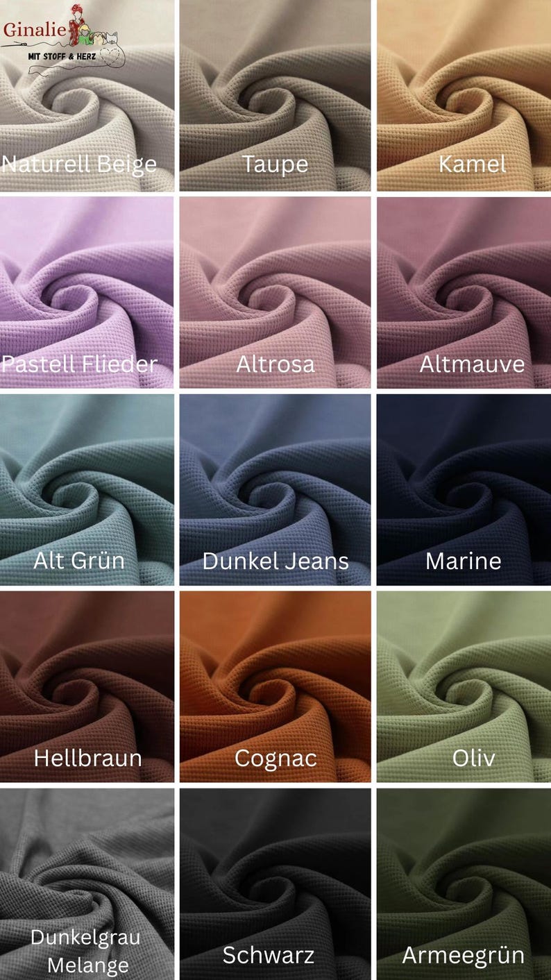 May include: A fabric swatch display featuring various colors, including beige, taupe, and camel. Other colors include lavender, rose, and mauve. Additional swatches showcase teal, denim blue, and navy. The bottom row presents brown, orange, and olive green. The last row shows gray, black, and dark green.