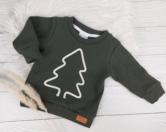 Weihnachtspullover aus Waffeljersey mit süßer Kordelapplikation für Babys & Kinder ein besonderer und schöner Hingucker! Tannenbaum Pullover