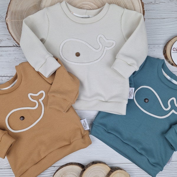 Knuffelige walvistrui van wafeljersey voor baby's & kinderen - trui met koord onderwaterwereld maritieme tops - handgemaakte kindermode
