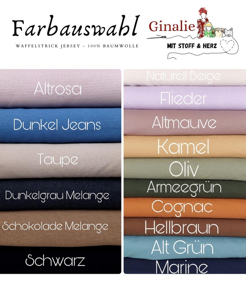 May include: A color chart of waffle knit jersey fabric in various shades, including pink, blue, beige, and brown. The text "Farbauswahl" and "Ginalie" are at the top. The fabric is 100% cotton.