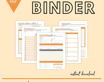 May include: A digital printable binder with 34 pages for party planning. The binder includes worksheets for social media, customer profiles, team member tracking, and tax reports. The pages are designed with a peach and orange color scheme.