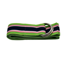 Women&#39;s Navy Blue, Green and Pink Striped Ribbon Belt with Gold or Silver Hardware