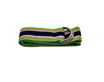 Women's Navy Blue, Green and Pink Striped Ribbon Belt with Gold or Silver Hardware