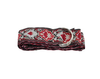 Women's Black, Red and Grey Jacquard Ribbon Belt with Gold or Silver Hardware