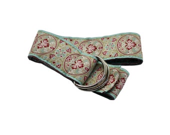 Women's Tan, Blue, and Rose Jacquard Ribbon Belt with Gold or Silver Hardware