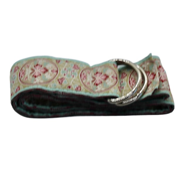 Jacquard Ribbon Belt, Floral Tan, Blue, Rose, Silver, Gold, or Bronze Hardware