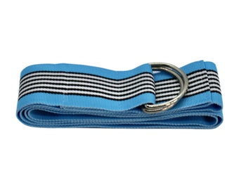 Women's Blue, Black, and White Striped Ribbon Belt with Gold or Silver Hardware