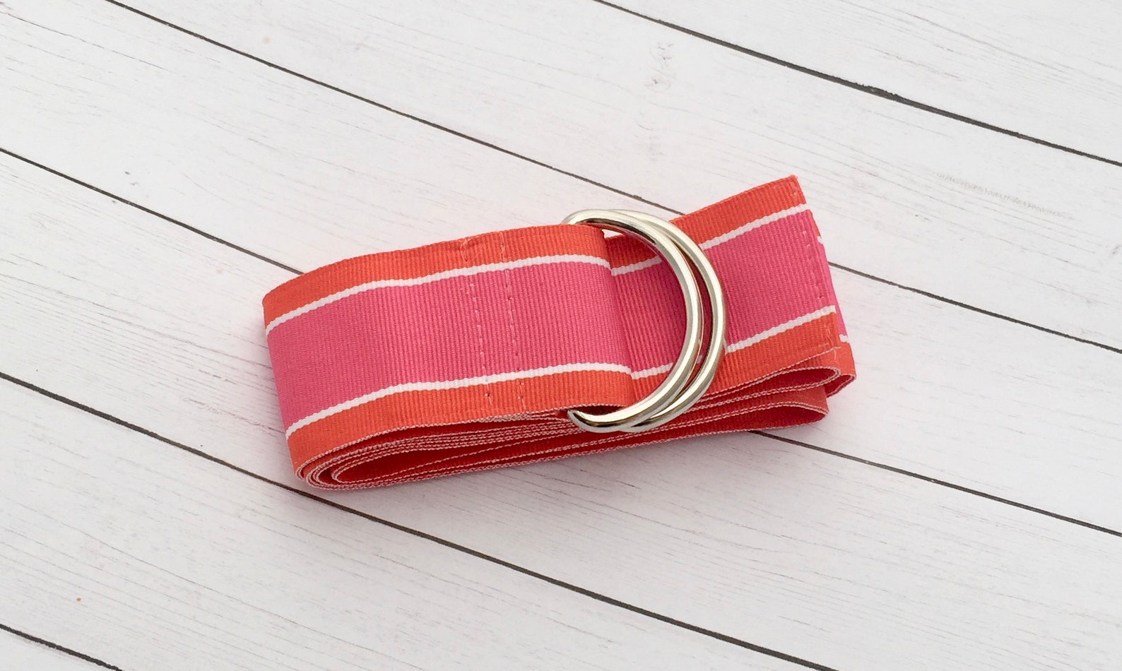 Women's Pink and Orange Striped Grosgrain Ribbon Belt, All Season Ribbon Belt, Gold or Silver