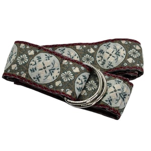 Women's Tan, Gray, and Maroon Jacquard Ribbon Belt with Gold or Silver Hardware