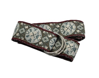 Women's Tan, Gray, and Maroon Jacquard Ribbon Belt with Gold or Silver Hardware