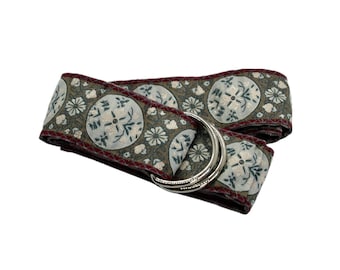 Women's Tan, Gray, and Maroon Jacquard Ribbon Belt with Gold, Silver, or Antique Brass D-Ring Hardware, 1.5" Wide