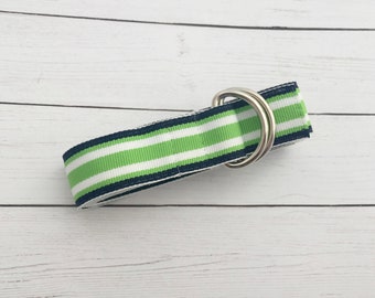 Children's Green, Blue, and White Striped D-Ring Ribbon Belt