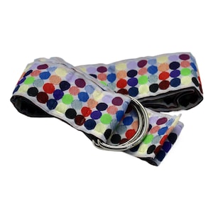Women's Multicolored Dot Jacquard Ribbon Belt with Gold, Silver, or Antique Brass D-Ring Hardware, 1.5" Wide