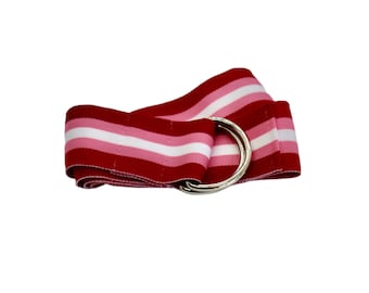 Women's Red, Pink, and White Striped Grosgrain Ribbon Belt withGold or Silver Hardware