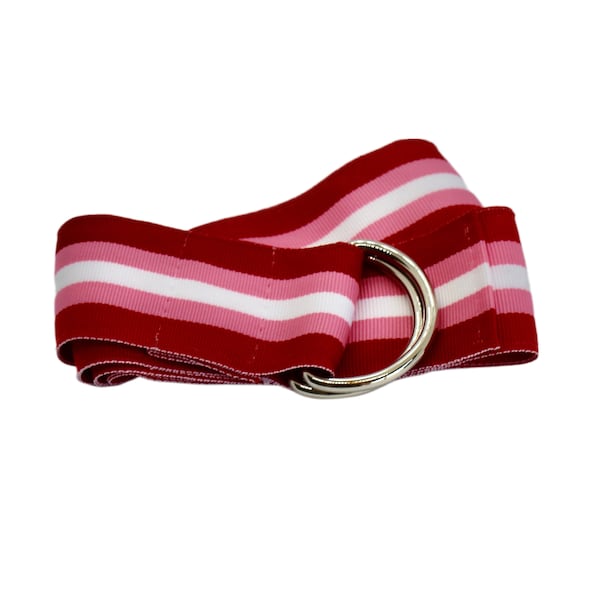 Women's Red, Pink, and White Striped Grosgrain Ribbon Belt withGold or Silver Hardware