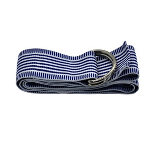 Women&#39;s Royal Blue and White Striped Grosgrain Ribbon Belt with Gold or Silver Hardware