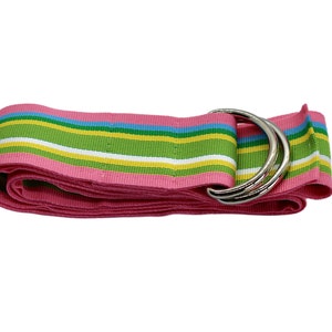 Women's Pink, Green, Yellow, and Blue Striped Ribbon Belt with Gold or Silver Hardware