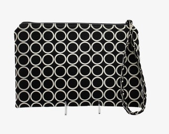 Women's Black and White Zippered Clutch Wristlet, 100% Cotton Bag