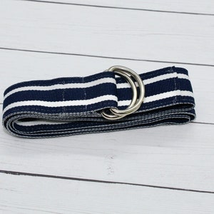 Children&#39;s Navy Blue and White Striped D-Ring Ribbon Belt, Nautical Ribbon Belt for Kids, Unisex Belt