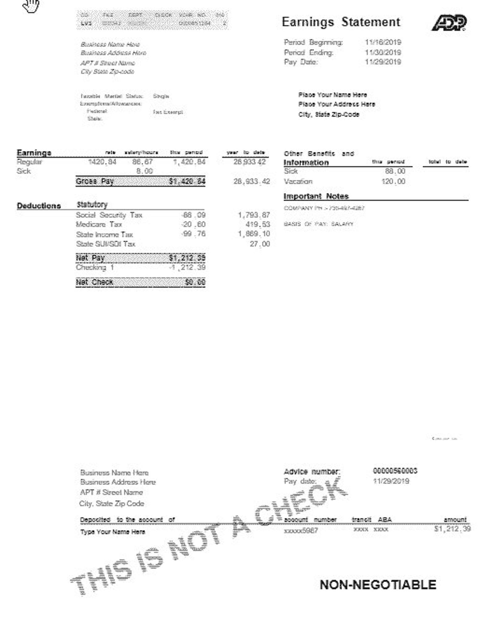Adp Checkstub Template | Etsy