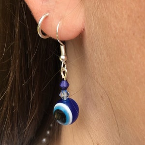 Handmade Evil Eye Dangle Earrings: Silver Plated, charm