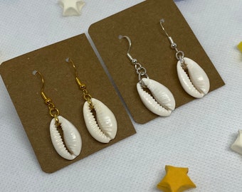 Cowrie Shell Dangle Earrings: Silver Plated Beach Jewellery, Summer