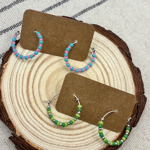 Handmade Colourful Beaded Hoop Earrings: Silver Plated, 15mm, hook hoops, custom