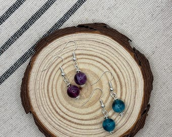 Drop cloudy bead earrings, turquoise, purple: silver plated
