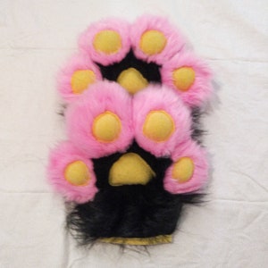 pink and black fursuit handpaws for fursuits and costumes (cosplay, fursuits, custom fursuits, fursuit part, custom cosplay part)