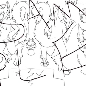 May include: Line art drawing of a wolf or dog character with a fluffy tail, paws, and head. The character is standing on a platform with a paw print on it. The drawing is in black and white.