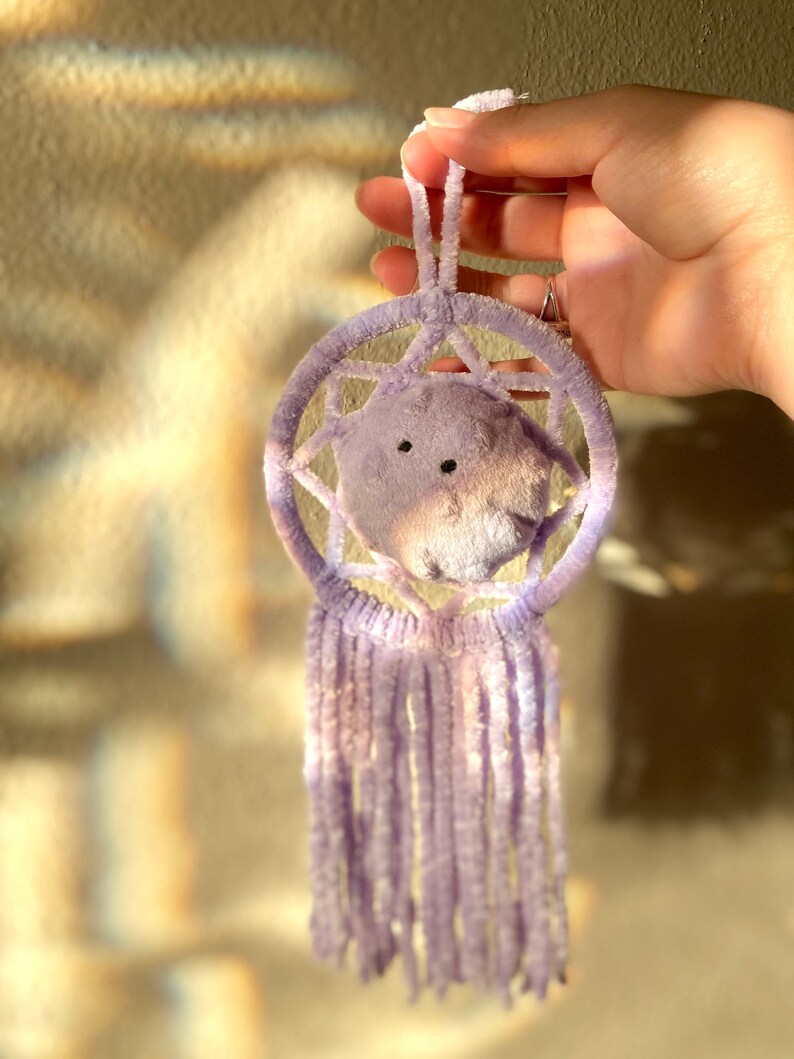 May include: A lavender dreamcatcher with a plush, star-shaped center and dangling fringe. The dreamcatcher is held up by a loop of the same material. The soft, pastel colors and textures create a whimsical and comforting aesthetic.