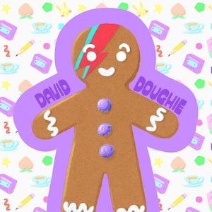 Pode incluir: Ilustração de um homem de gengibre castanho com um raio no rosto, botões roxos e o texto "DAVID DOUGHIE". O fundo apresenta um padrão de patins, cassetes, chávenas de chá e outros elementos coloridos.