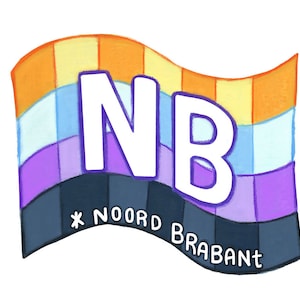 Puede incluir: Un diseño de bandera colorido con las letras "NB" en blanco y las palabras "NOORD BRABANT" en blanco. La bandera presenta secciones naranjas, amarillas, azules, moradas y negras, creando un diseño vibrante y llamativo.