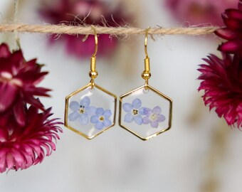 Double Forget-me-not Gold Hexagon Earrings