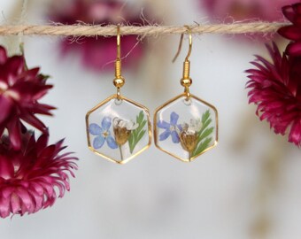 Yarrow, Forget-me-not -and Fern Gold Hexagon Earrings