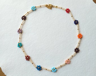 Collier de fleurs, collier de perles coloré, tour de cou, chaîne, collier d'été, cadeau pour petite amie, bijoux bohème, bijoux d'été, bijoux de plage,