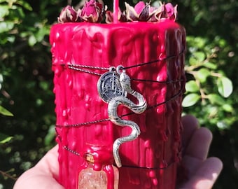 Lilith Devotion Candle: Altar Pillar Candle with Snake Shed & Charms