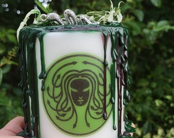 Medusa Altar Candle: Serpent Goddess Charm, Green Drip Candle