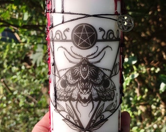 Wiccan Altar Candle: Pagan Magik Witchcraft Moth, Pentacle Charm