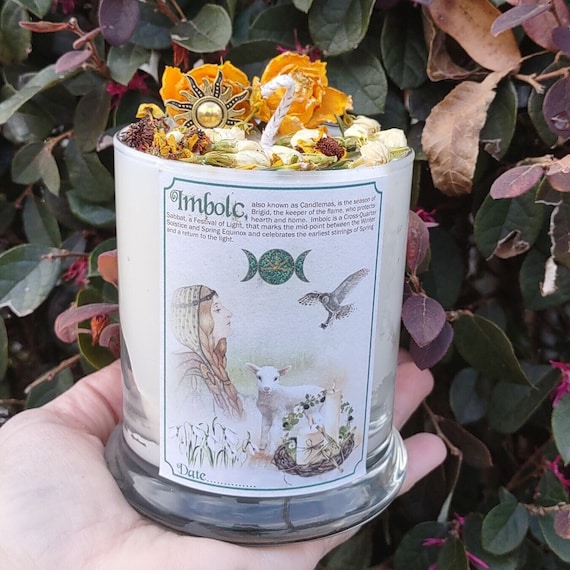 Imbolc Candle: Brigid Goddess, Wheel of The Year, Cardamom & Cream
