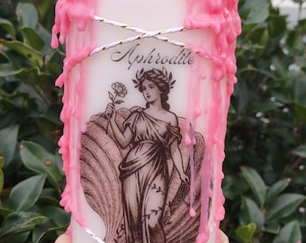 Aphrodite Goddess Devotional Altar Candle | Sacred Love & Beauty Ritual Pillar | Rose Quartz Heart | Hand-Dressed Offering