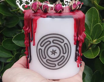 Hecate Altar Candle: Dressed Pillar Candle with Key & Rose