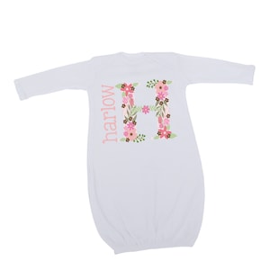 Personalized Floral Initial Baby Girl Infant Gown | 100% Cotton | Customizable Baby Shower Gift
