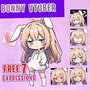 May include: A cartoon illustration of a bunny girl with pink hair and a white hoodie. She has a white bunny ear headband and is wearing white socks. The image includes the text "Bunny VTuber" and "FREE 7 EXPRESSIONS".